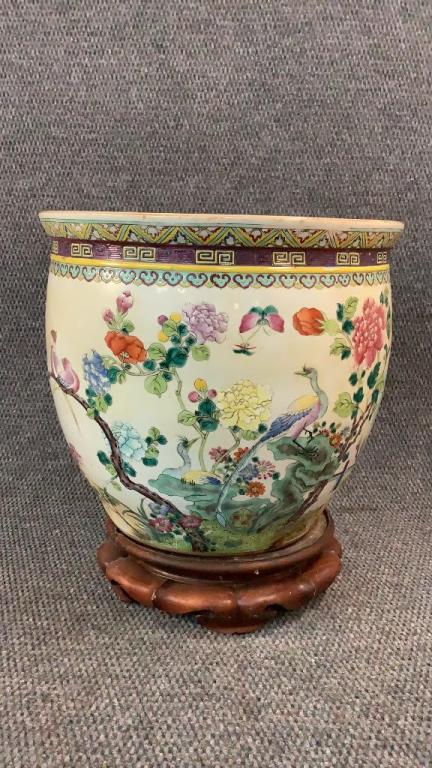 Asian Fish Bowl Garden Planter: 14 X 16 Inch Planter With Traditional Designs Of Birds, In A Flowering Garden Scene, Separate Round Wood Stand, * Interior Staining From Normal Use, Old Hairline Crack In Body