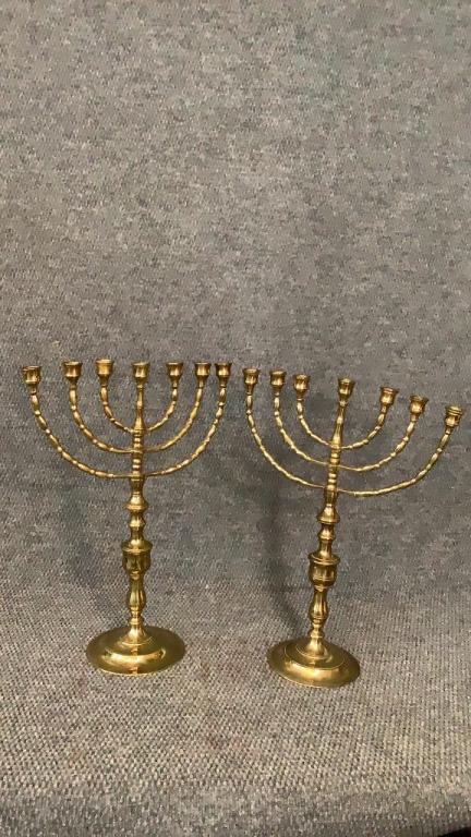 Pair Tall Brass Menorah: 18 inches tall, 6 inch round base, not marked
