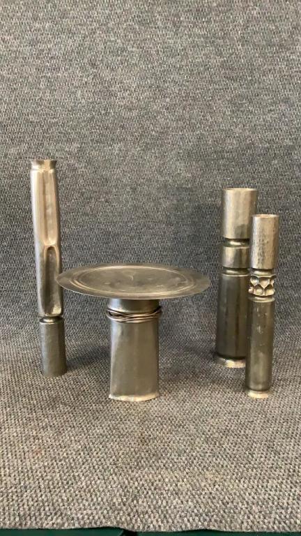 Thomas Roy Markusen Brutalist Cake Stand, Holders: 9.5 X 12 Inch Cake Stand, Three..14.5 To 18.5 Inch Candlestick Holders....cake Stand Is Stamped