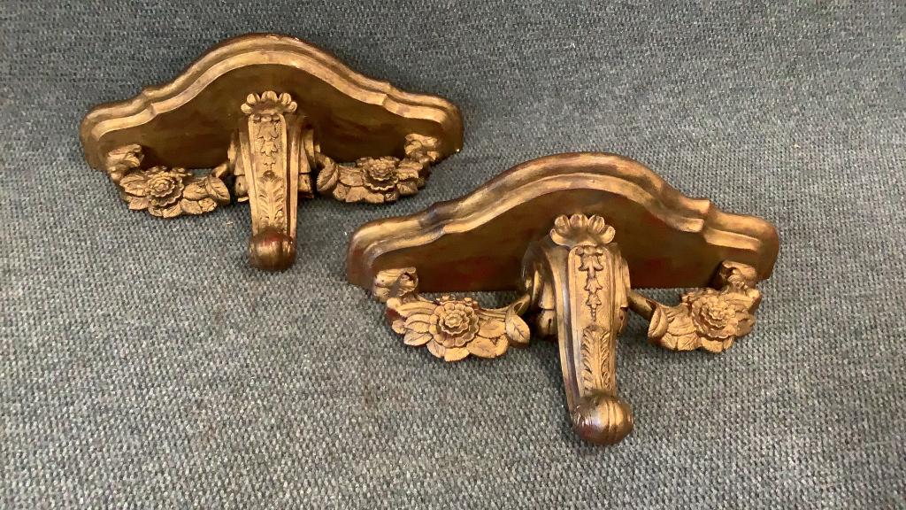 Pair Decorative Wall Brackets: 12 x 20 inches, in the Italian style, shells, acanthus leaves, and florals...gilt paint over burgundy red..