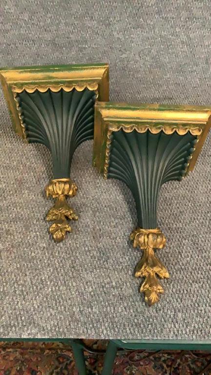 Pair Florentine Wall Brackets: Deep green and gilt finishes on wood brackets...8 x 10 x 14 inches, reeded support posts, graduated shelf upper..