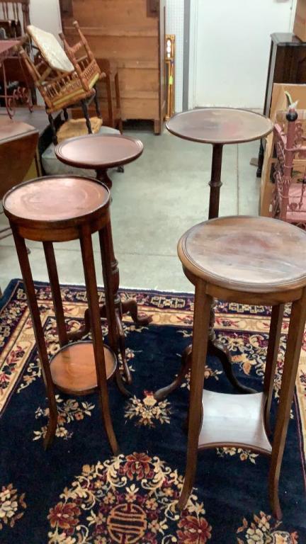 4 Mahogany Plant Stands: 2 Chippendale Style with pad foot, 2 tier English stand with dish top and inlay...round 2 tier stand on a tapered leg