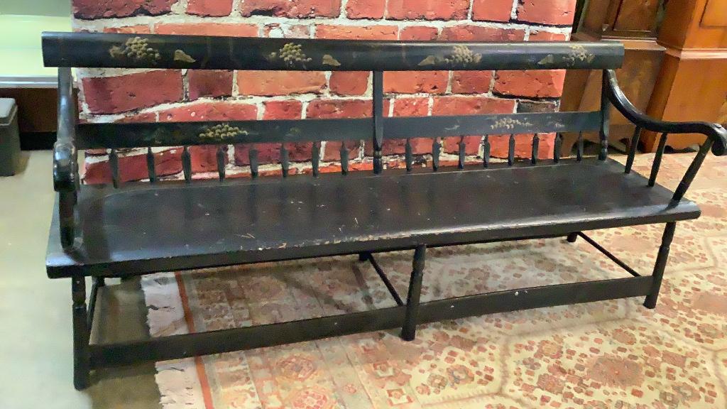 American Federal Hitchcock Painted Settee: Painted Grape and vine designs, rolled arm rests, spindle back...76 inches long, 32 high, 19 inch deep seating,