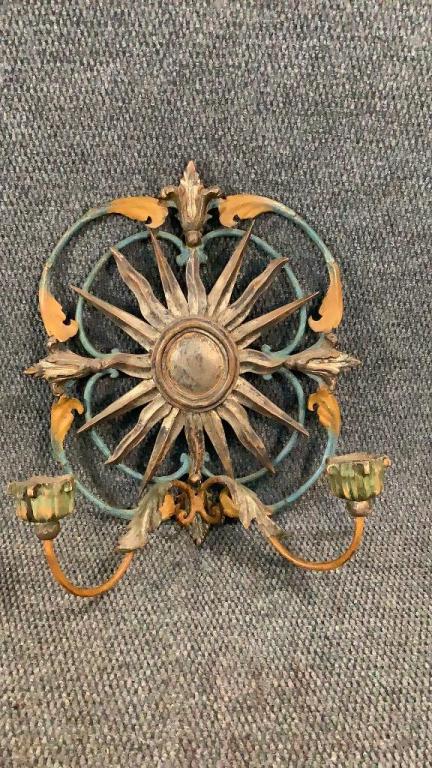 French Style Starburst Wall Sconce: 18 X 15.5 Inches, Metal And Wood Construction, Painted Leaf And Starburst, Double Arm Candle Cups...