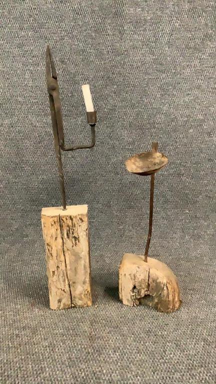 2 Primitive Hand Forged Betty Lamps: 17 inch clip candle ..hand forged arms, mounted in wood stand, 14 inch inch bowl form fat lamp...mounted in wood stand