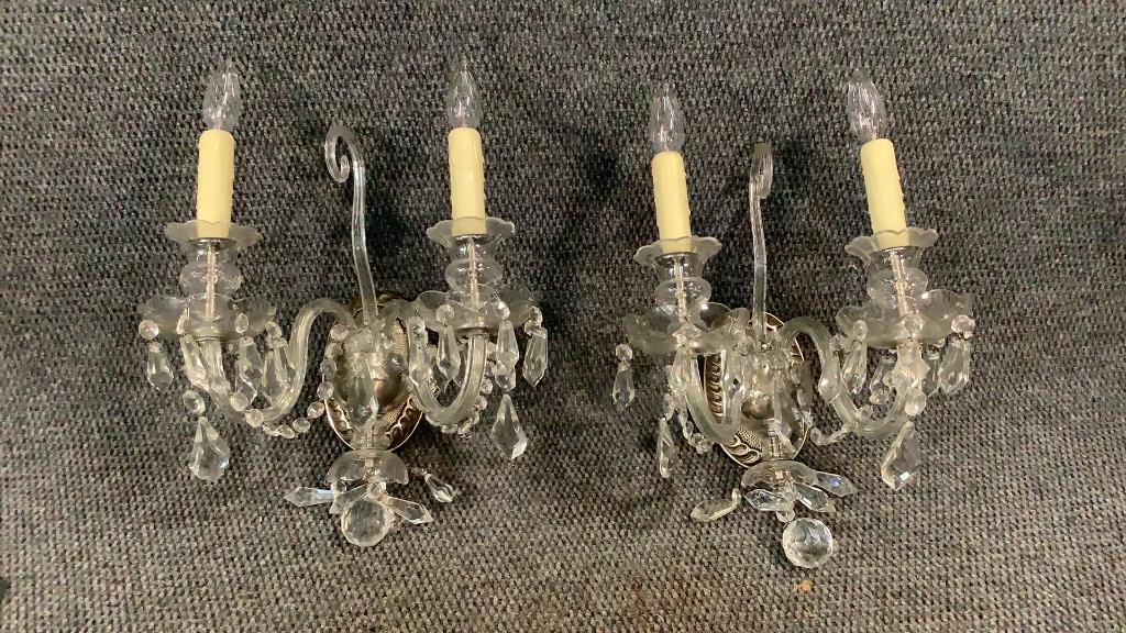 Pair Quality Vintage Wall Sconce: 19 x 14 inch Douala Crystal sconce with brilliants...wall mount silver plate bracket, curved arms with upper stem...