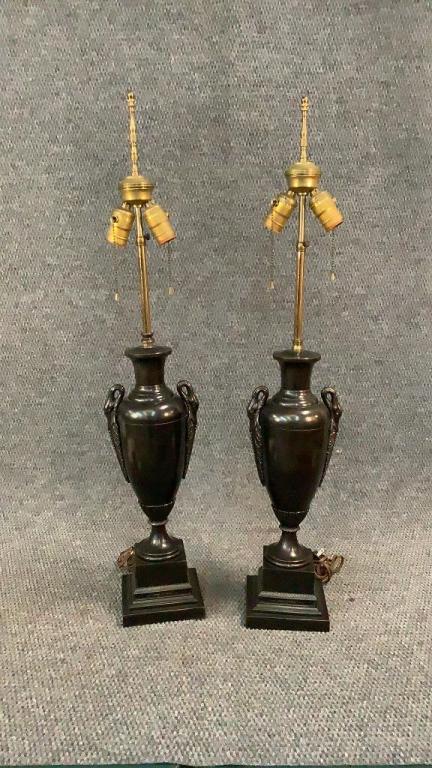 Pair Art Deco Style Table Lamps: Mutual Sunset Lamp Company Vintage lamps, stamped on base, #4013 ...33 inches to finial, Swan neck handles, trophy form body on a platform base...bronze finish