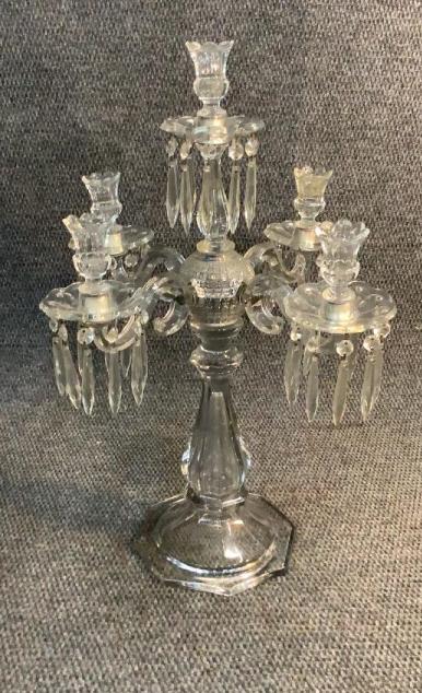 Heavy Glass 4 Arm Candelabra: 25 inches tall, 8 inch platform base, scroll arms, screw in candle cups with drip plates and hanging brilliants