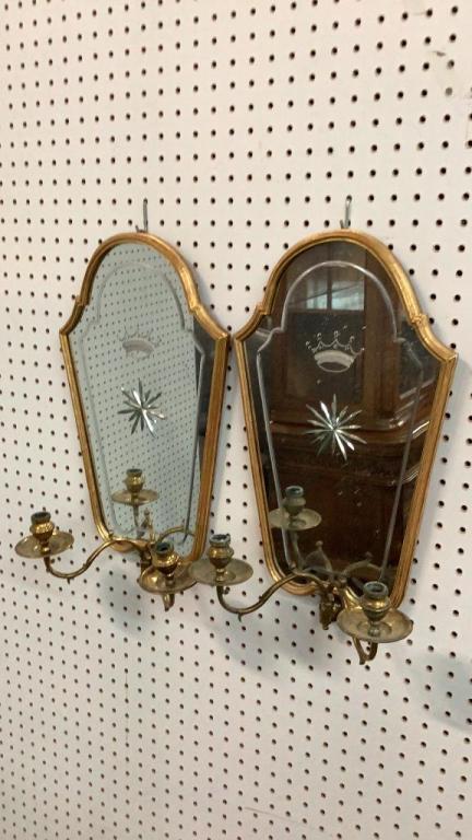 Pair pair mirrored sconces: Starburst and Crown etched design, 19 x 10 inches, gilt wood frame, double candle arms on each