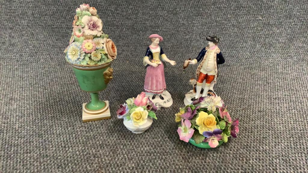 Spode Figures, Staffordshire Flowers, Mottehedah: Spode Chelsea Figures...11.5 inch Mottehedah Floral urn, 2 Staffordshire Table Flowers * some broken leaves on flowers