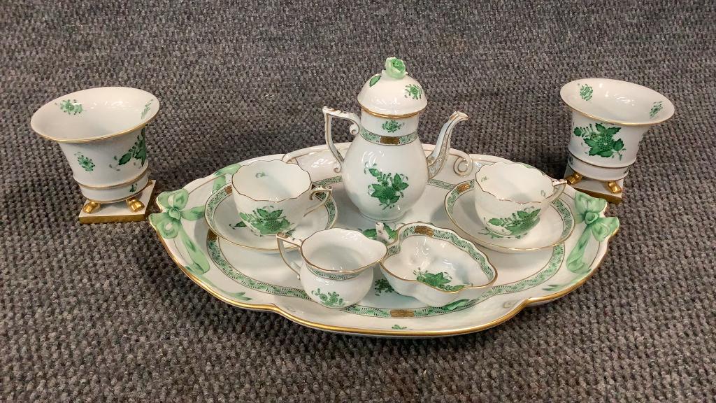 Herend Chinese Bouquet Green, Miniature Tea: Service ...includes 15 inch tray, leaf dish, teapot, 2 demitasse cup sets, creamer, 2 footed vases..all marked in good condition...