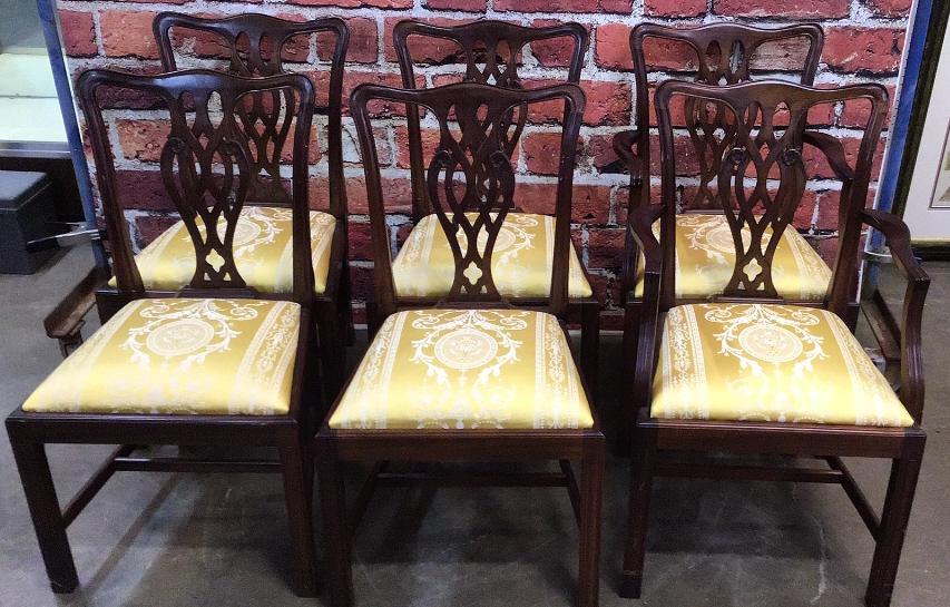Set of Six Chippendale Dining Chairs by C R Laine: Sturdy, quality upholstery, 2 arms, 4 sides