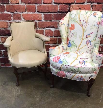 Queen Anne Armchair & Chippendale Style Wingback: 1 leather, 1 floor and bird upholstery, sturdy, good condition