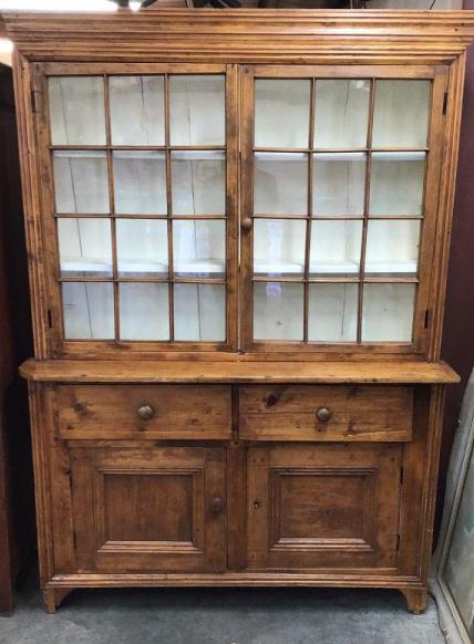 12 Pane Primitive Pine Pewter Cupboard: Original glass, 83 tall x 60 wide 18 deep, bottom right door missing knob