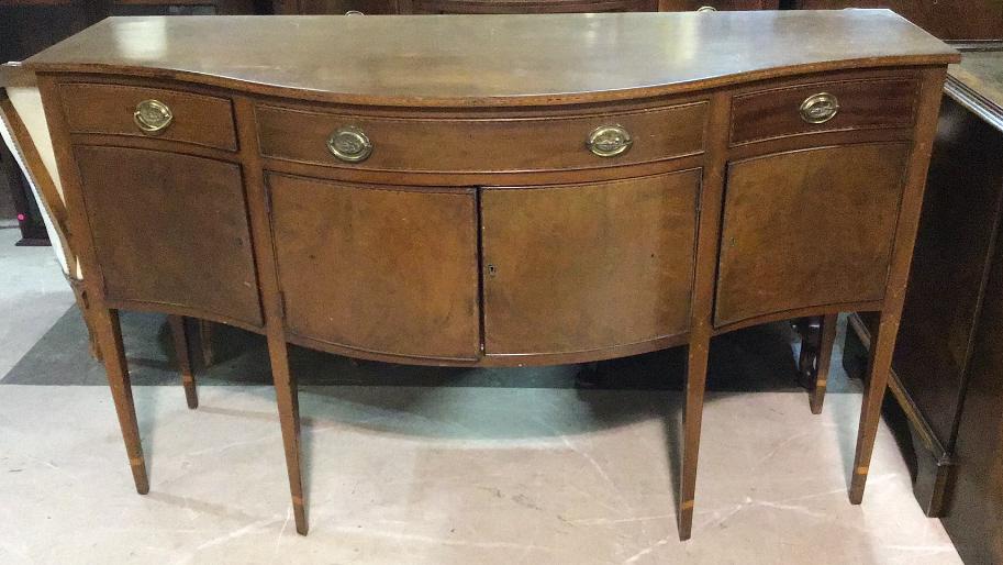 English Mahogany Bow Front Sideboard: 1880’s, barber pole inlay, shaped doors, 39.5 tall x 67 wide x 26 deep