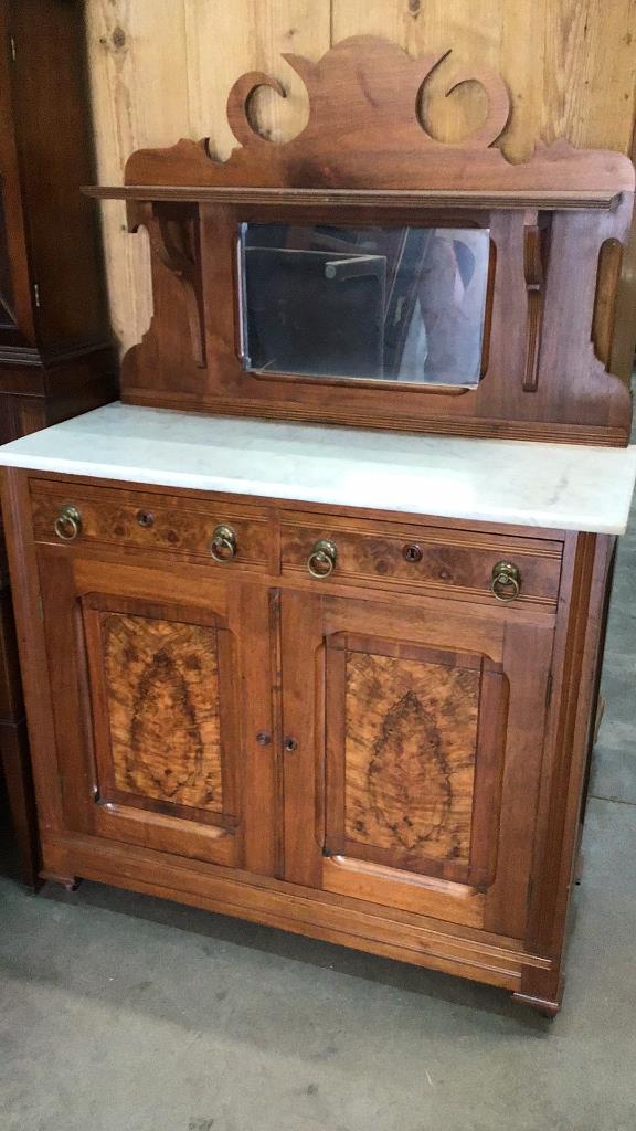 Burl Walnut Buffet W Marble top: Mirrored backsplash, burl walnut panels 65 to top of backsplash, 38 tall to marble, 43.5 wide x 18 deep