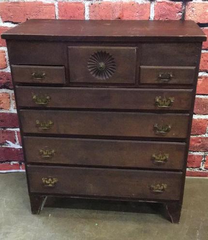 Cherry & Pine Chippendale Chest: Shell carved center drawer, dovetailed drawers original finish, 1860’s New England, 43 tall x 37.5 wide x 18.5 deep