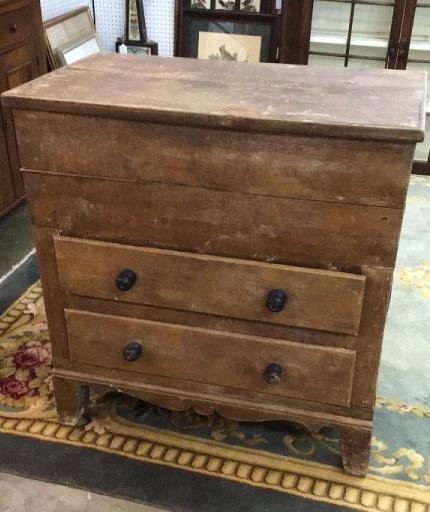 Primitive Grain Painted Mule Chest: Tall bracket foot, rat tail hinges, original paint 38 tall x 38 wide x 22 deep