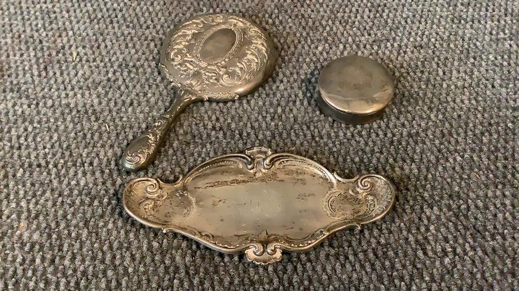 3 Sterling Articles, Includes Tiffany and Co.: 8 inch Tiffany and Co. Sterling Vanity Tray, Sterling hand mirror, 2 1/2 inch trinket box w/ monogram