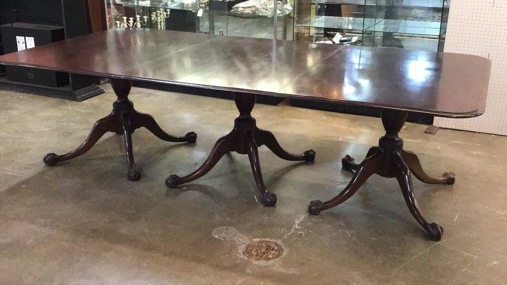 Chippendale Pedestal Base Dining Table: Ball and call feet, 107 long x 56 Deep x 30 tall with 2 24 inch leaves total length of 131, supports for leaves are present