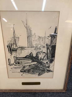 Charcoal Drawing, Manner of Emile Gruppe: Showing tall masted vessel in harbor...charcoal/ graphite on paper, framed under glass...9.5 x 12.5 sight, a signature at lower left, dated 1943, also with attached tag at center w/ same....*