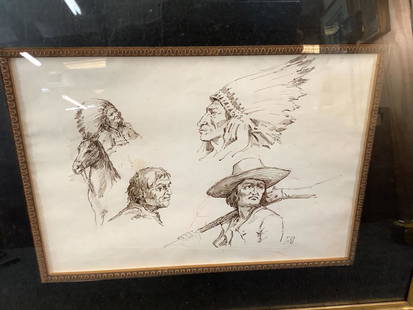 Attributed to Remington Pen/ Ink Study, 4 Drawings: Studies in brown sepia, pen and ink...13 x 9 inches....sight..mounted in gilt frame...