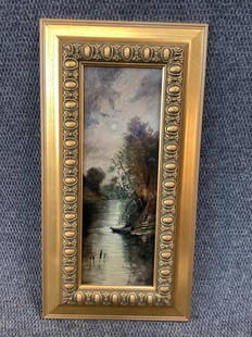 Oil on Panel, Moonlight on River: Attributed to Frank Anderson 1844-1891...unsigned, but with appraisal certificate of authenticity...6.75 x 18 inches, sight...mounted in gilt frame