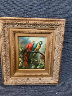 Oil on Canvas, Parrots: Signed at lower right, not defined...7.5 x 10 inches sight...mounted in modern gilt painted frame...