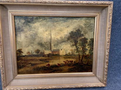 Oil on Canvas, View Salisbury Cathedral: Follower of John Constable.....20.5 x 16 inches sight...mounted in gilt wood frame, old canvas, unsigned...note on verso from private estate in UK* not removed from frame