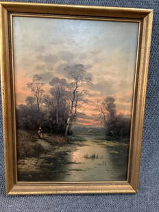 Oil on canvas, Johann Jungblut: Tree lined stream, woman on pathway at left, signed lower right..old canvas and stretcher...17.5 x 24.5 sight....mounted gilt painted wood frame...
