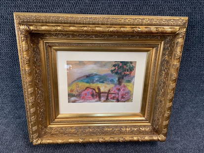 Mixed Media, Attributed to Paul Gaugin: The Sacred Mountain...7.1/4 x 10.5 inches..signature middle left...a note of verification by translator attached, copy on verso...stating “ I sold this picture by Paul Gauguin, 1897”