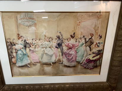 Madeleine Lemaire French Print?: Interior Ballroom scene....27 x 20 inches sight, a signature at lower right...older gilt wood frame..* water staining to the matte on right side