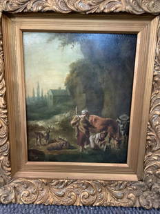Oil on Panel, Cattle, and Shepherd: Unsigned work, 7.5 x 9.5 to sight....mounted gilt wood frame...