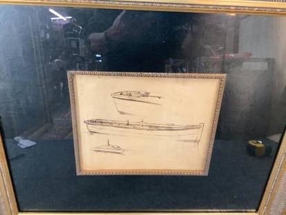 Sepia Drawing, Manner of Winslow Homer: Studies of a Boat, signature on stern of boat, 9.5 x 7.5 sight, ..matted and framed in contemporary gilded frame* small hole upper left near center, this piece not removed from frame for