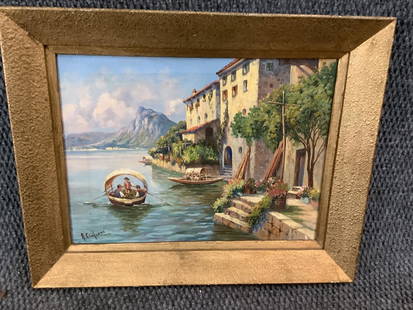 Oil on Canvas, Italian Bay of Naples: 121/4 x 9 inches to sight, signed at lower left....A. Cialzane?. Painted frame