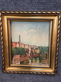 Oil on Canvas, European Canal Scene: Signed at lower right, 9 x 10 inches sight...gold tone frame