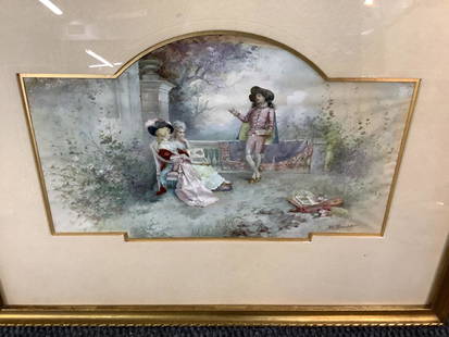 Mixed Media, French Courtyard Scene: Manner of Joseph Emile Blanche....a signature at lower right...13 1/4 x 9 inches sight...