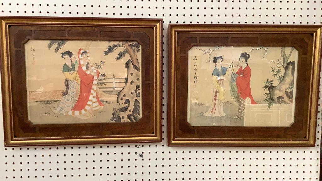 2 Asian Woodblocks: Showing Ladies in a Garden Setting...Winter and Spring scenes.....15 1/4 inches x 11 inches....unusual frames with marquetry in frame Mattâ€™s...signed? at upper left..Goostrong clear colors..goo