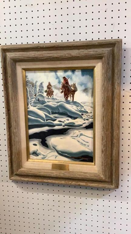 John Cox Oil on Board: â€œ In The Yellowstone â€œ 11 x 15 inches sight...signed lower right..with attached tag at center, also signed on verso...weathered frame