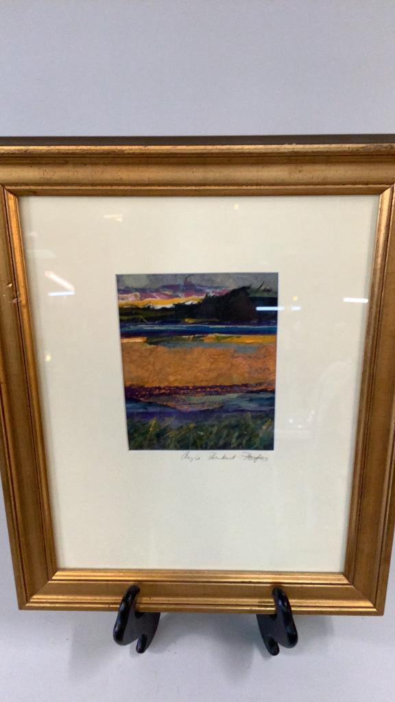 Mixed Medium Work, Night Falling: Signed by Artist Angie Hubert Hodges, also identified on verso...5 x 6.5 inches sight, matted..w/ signature on matte...framed