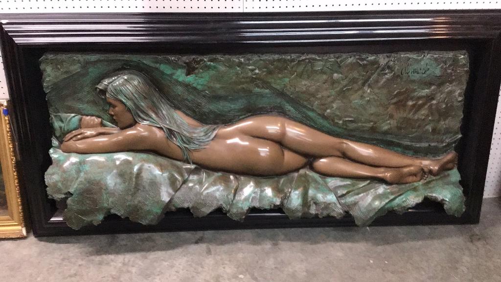 Bill Mack Bronze Nude Relief: Lounging nude female in black frame, 76 x 35.5 small frame blemish