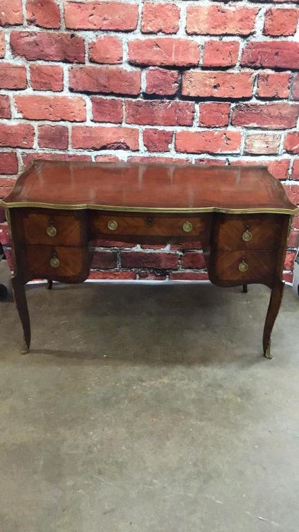 Baroque Italian Desk: Leather in good condition, brass ormolu mounts 29.5 tall x 47.5 wide x 25 deep, some minor veneer loss, contemporary