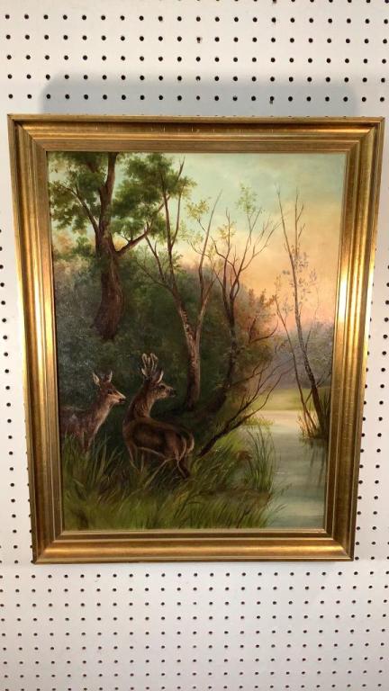 Oil on Board, Deer in Forest Setting (1 of 3)