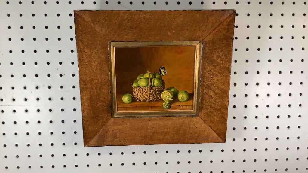 Oil Painting Limes in a Basket: Signed lower right, Lipton....( Sondra )....6.5 x 6 inches, mounted in great curly maple frame....Lipton a New York artist 1969....#64