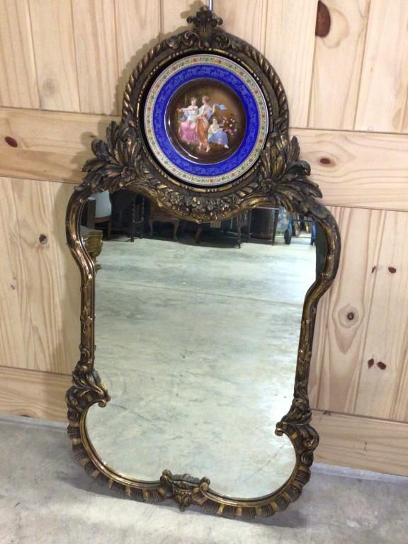 Italian Trumeau Mirror: 11 inch hand painted Charger over carved and gilded mirror 49t x 25w