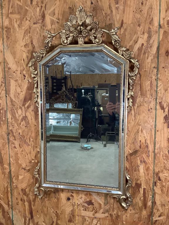 Beveled Italian Mirror: 19 X 36 Inches, Flower Basket Topper With Pierced Foliate Trim,