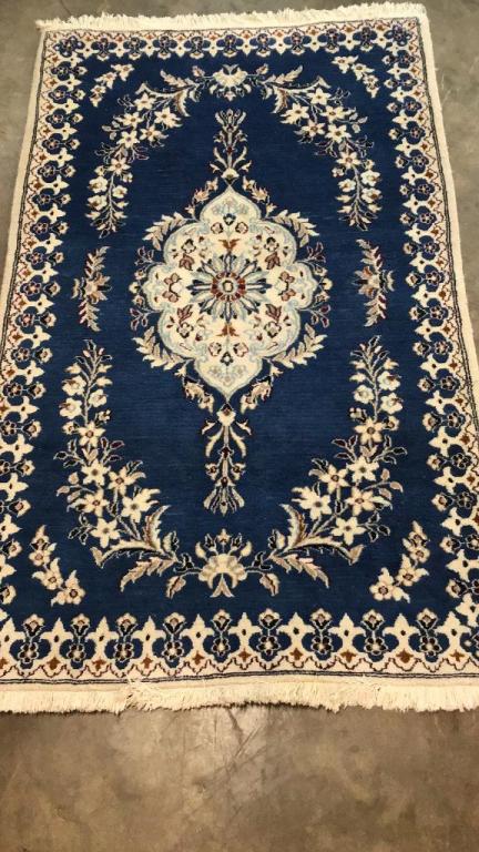 Vintage Qum Area Rug: Blues and creams, central medallion 46 x 77