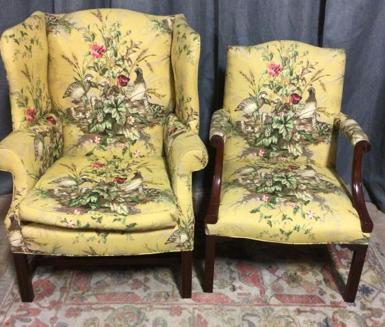 Period Wingback & Open Armchair: both in Quail & flower Upholstery, good condition, could use cleaning, sturdy line 168