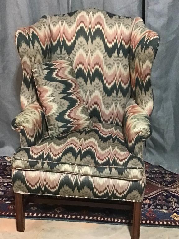 Period Chippendale Wingback in Eye Gazing Fabric: Good Condition, Sturdy