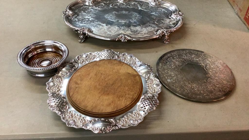 4 Silver Plate Table Articles: Wine Coaster, serving tray, trivet, Bread tray #76